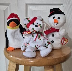 Ty 3 Holiday Christmas Beanie Babies Snowman Penguin And Teddy Bear Vintage
